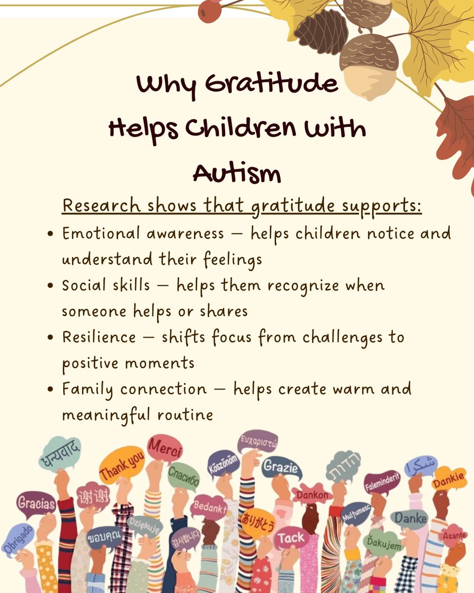 Gratitude helps children with autism build emotional awareness, social skills, resilience, and stronger family connections. 🌟

✨ Learn more in our recent blog: Gratitude and Growth: Teaching Thankfulness Through Everyday Routines hubs.la/Q03TN8j-0