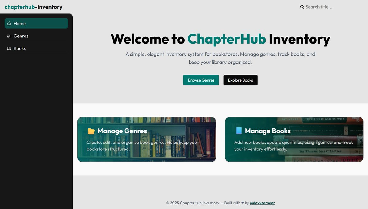 devxsameer's tweet image. Built a full-stack bookstore inventory system in 4 days using Express, PostgreSQL, Tailwind &amp;amp; EJS. Includes CRUD, file uploads, search, genre filters &amp;amp; sorting.
Live: chapterhub-inventory.onrender.com
Repo: github.com/devxsameer/cha…
