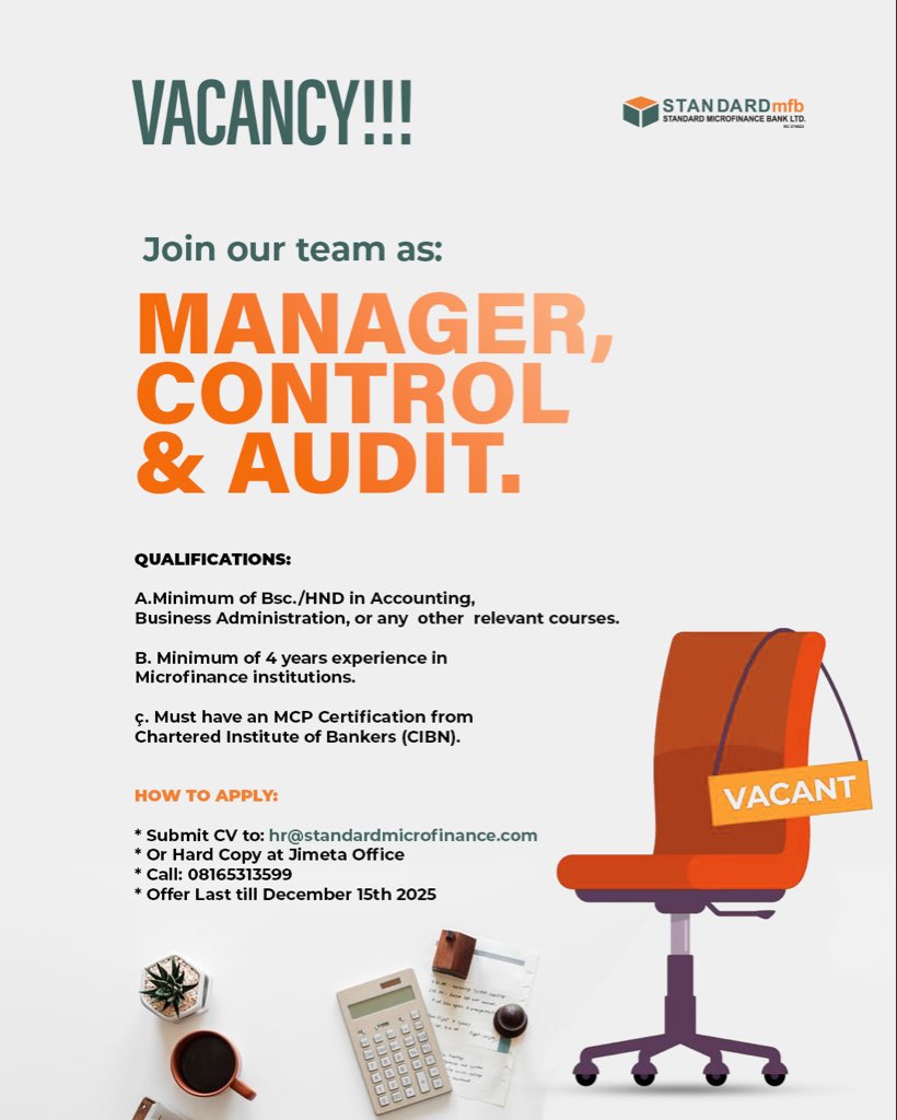 Standardmfb's tweet image. Vacancy! Vacancy!! Vacancy!!!

Kindly share this until it gets to that great team player.

#WorkWithStandardMicrofinanceBank
#standardmicrofinancebank
#JobVacancy
#JoinOurTeam