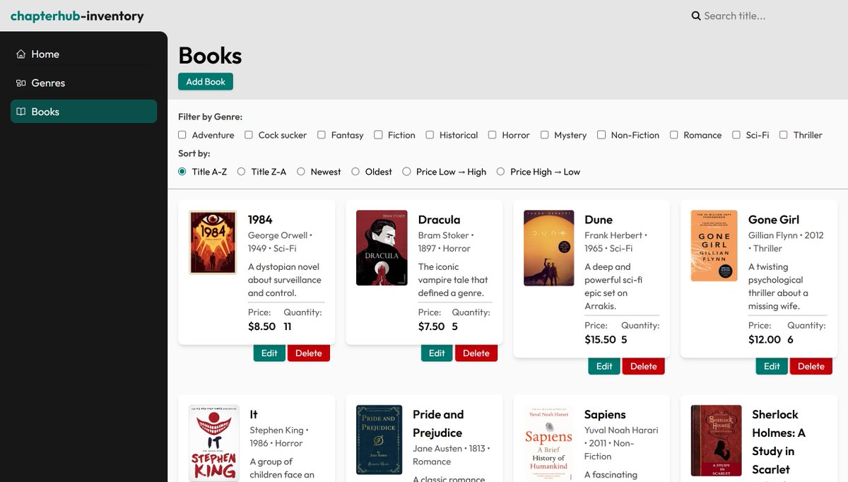 devxsameer's tweet image. Built a full-stack bookstore inventory system in 4 days using Express, PostgreSQL, Tailwind &amp;amp; EJS. Includes CRUD, file uploads, search, genre filters &amp;amp; sorting.
Live: chapterhub-inventory.onrender.com
Repo: github.com/devxsameer/cha…