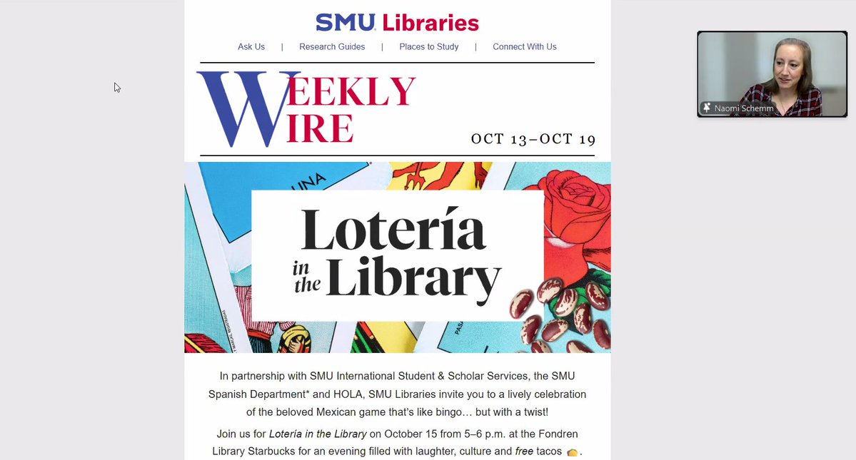 springshare's tweet image. SpringyCamp is underway! Naomi Schemm from @SMU is sharing how they&apos;re using #LibConnect to improve outreach – check out this stunning Weekly Wire email! 😍