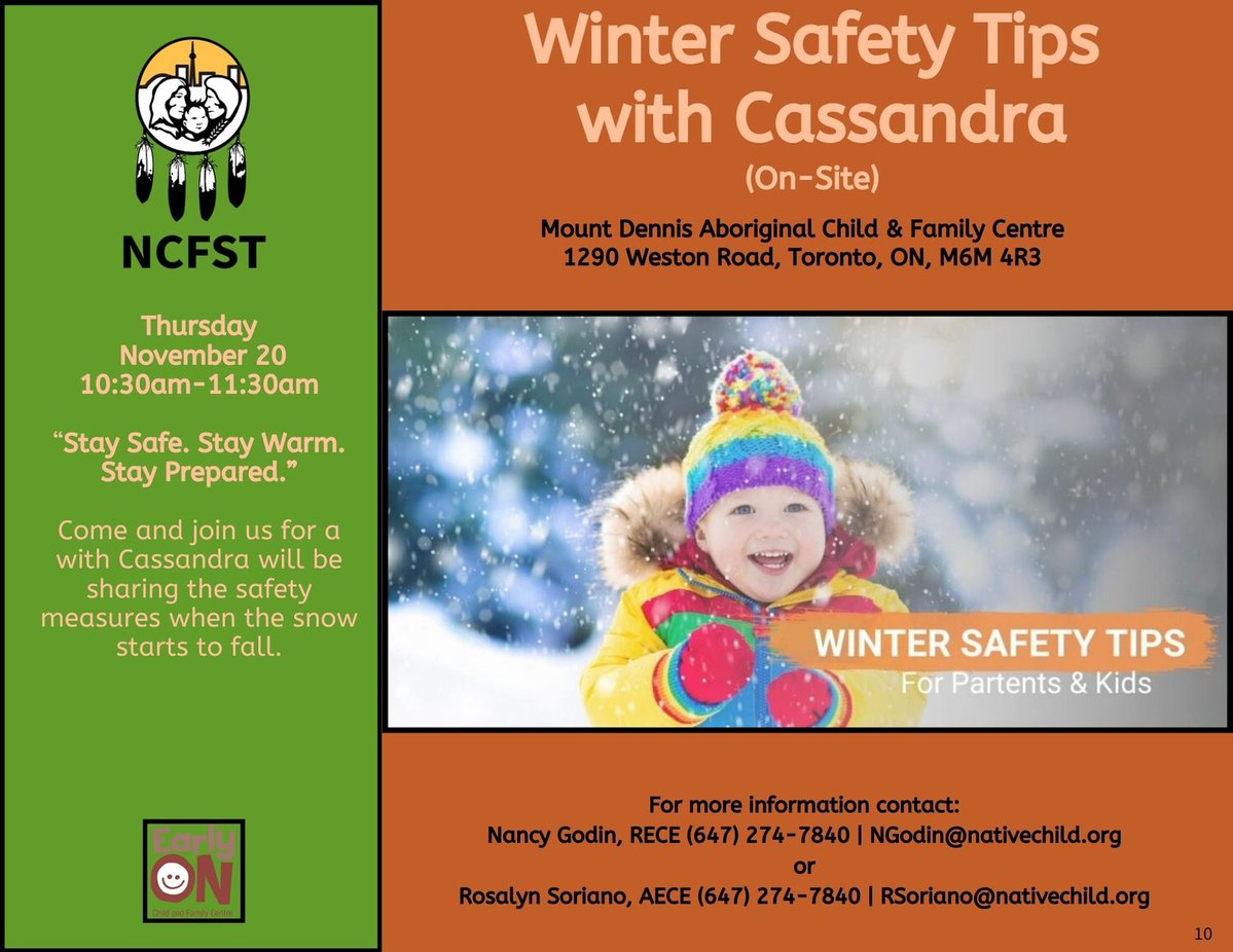 TPH nurse, Cassandra Churm, will be stopping by the Mount Dennis EarlyON on Thursday to share winter safety tips with families. Stay safe, stay warm, stay prepared. 

@mountdennisaboriginalcfc @mtdennishub