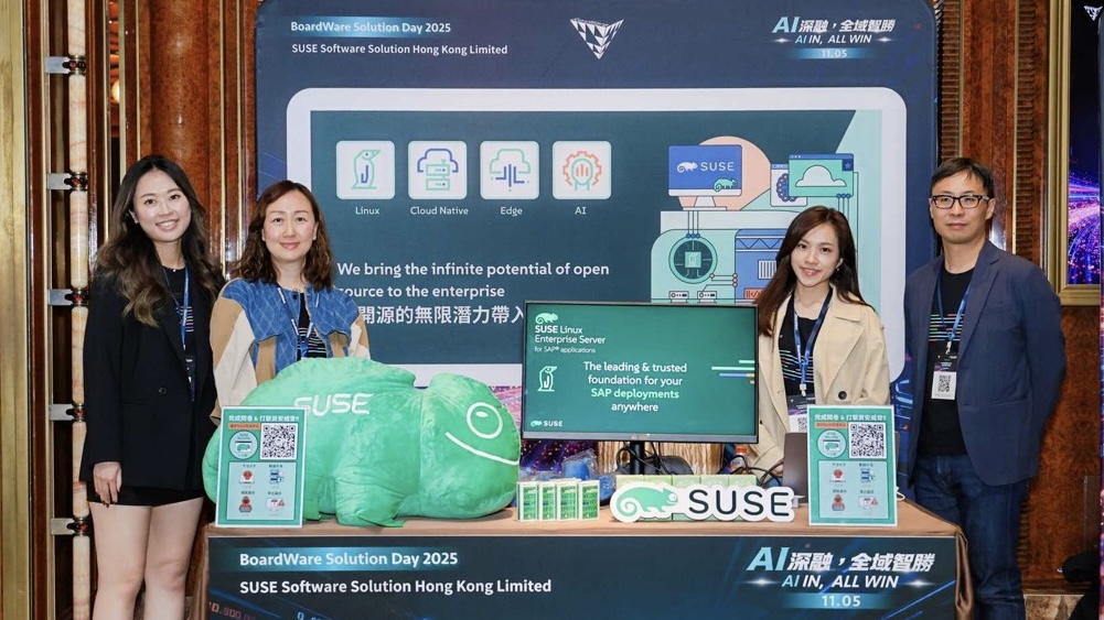 SUSE's tweet image. 📣 We joined BoardWare Solution Day 2025 in Macau—theme: “AI in, all win.” 

Great convos, expert panels and a buzzing tech showcase. SUSE is proud to grow our brand presence in Macau’s enterprise scene 💪

#SUSE #BoardWare2025 #EnterpriseTech #Macau #CloudNative