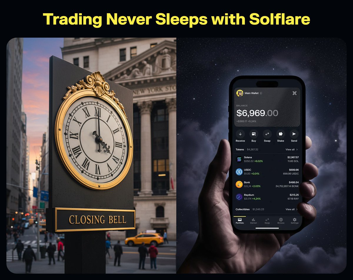 뉴욕증권거래소 마감 벨과 모바일 지갑 앱이 보이는 Solflare 거래는 잠들지 않는다 홍보 이미지