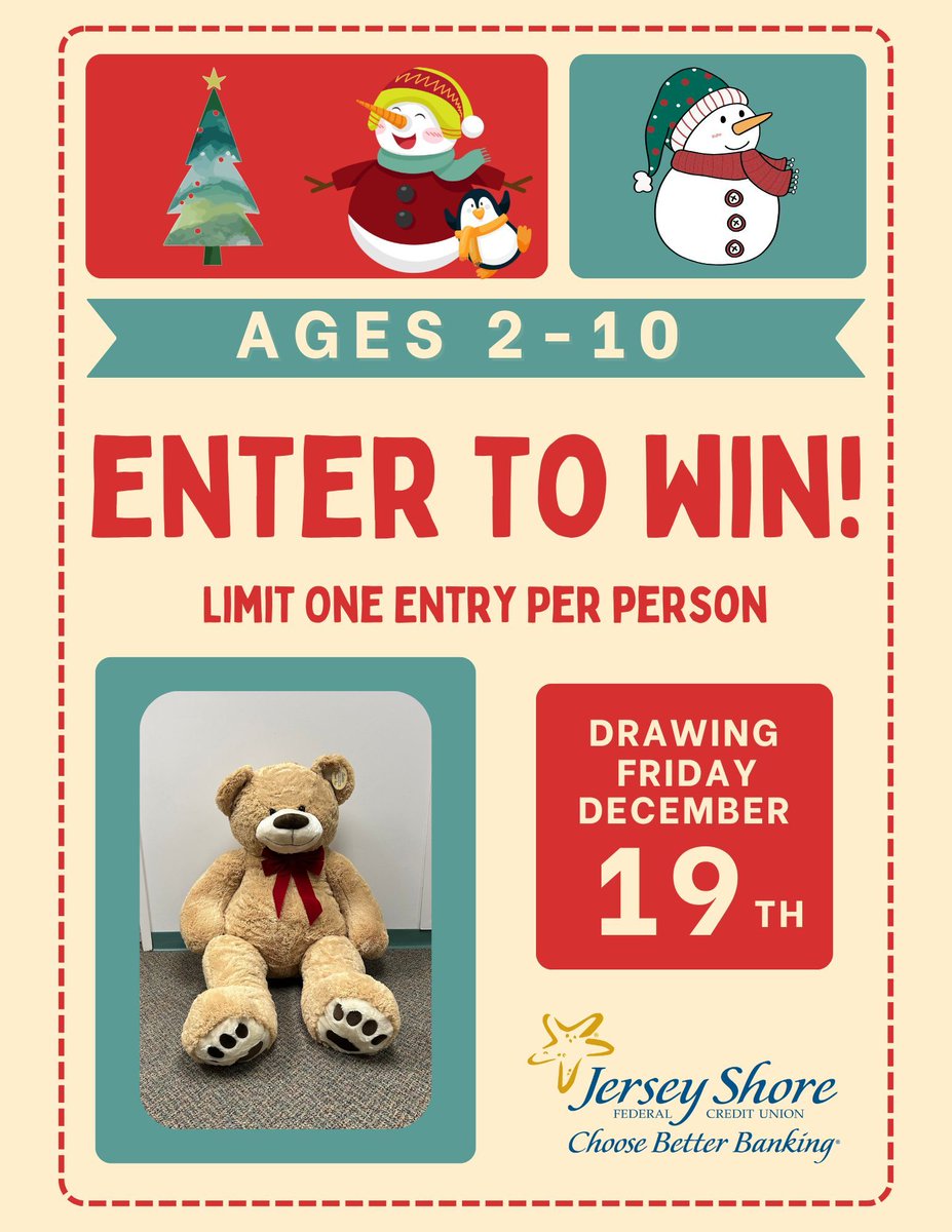 jsfcu's tweet image. JSFCU is holding a Christmas Bear giveaway again this year! Little Stars members between the ages of 2-10 are able to enter into the drawing. Drawing for the winner will be on December 19th. To participate, sign up at our Northfield, Galloway, Hammonton, or Rio Grande branches.