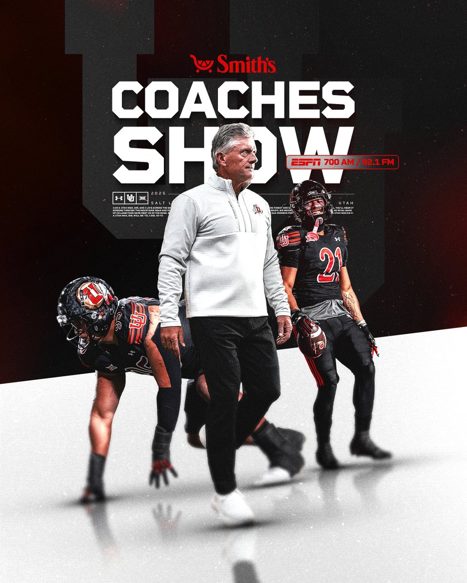 Utah_Football's tweet photo. 𝐋𝐈𝐒𝐓𝐄𝐍 𝐋𝐈𝐕𝐄 to the Smith’s Coaches Show with @UtahCoachWhitt‼️ Show starts at 6PM MT.

This week, seniors @AlikiVimahi and @NaquariR join the show ahead of the Utes matchup against Kansas State. Saturday’s game will honor all our seniors prior to kickoff‼️ 

📻 @ESPN700 / 92.1 FM

#GoUtes