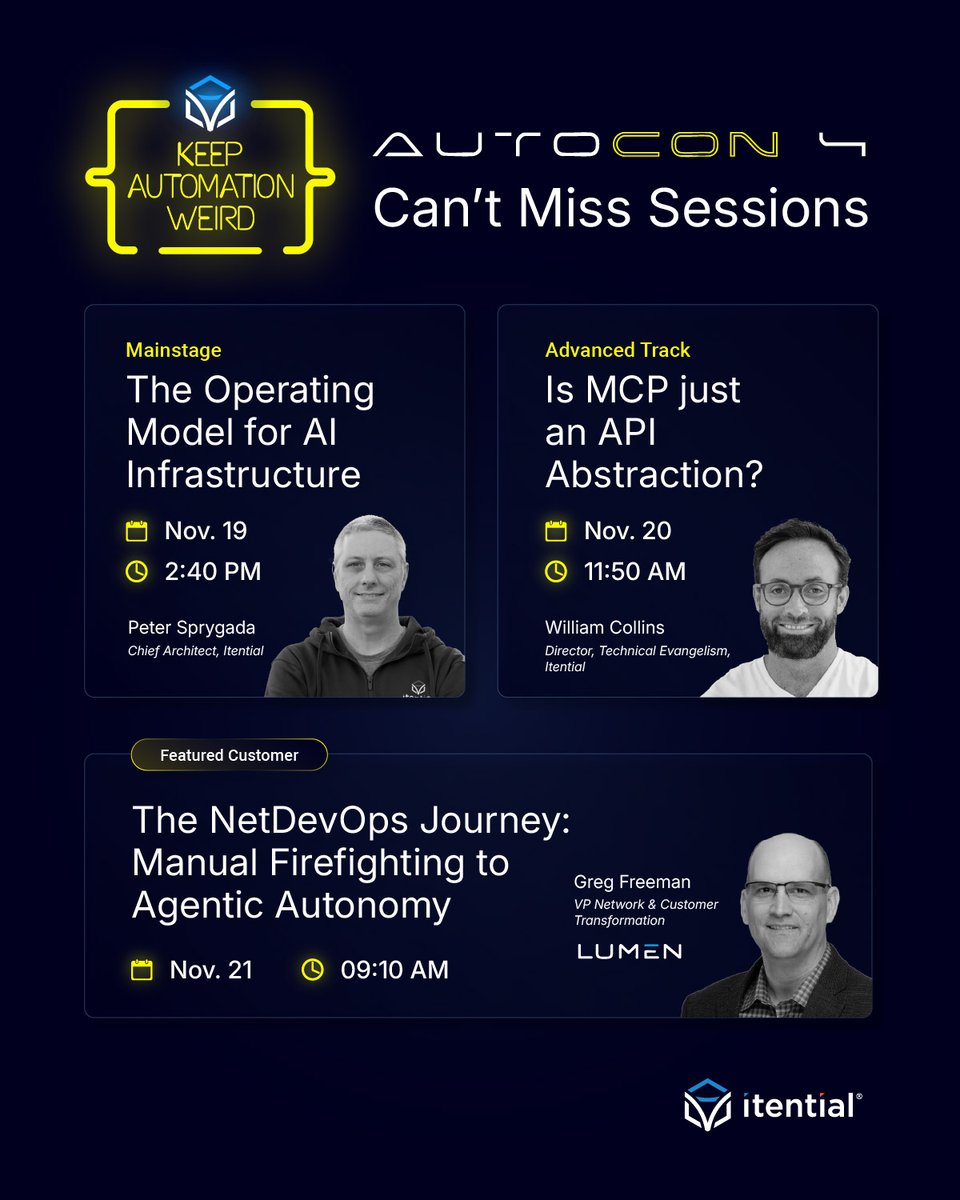 Itential's tweet image. AutoCon 4 is here, and this year&apos;s agenda delivers AI-focused sessions that cover what&apos;s working in infrastructure automation today – and what&apos;s not. 

📍Drop by our booth this week to talk all things MCP, AI + automation.

#AutoCon4 #AI #NetworkAutomation #KeepAutomationWeird