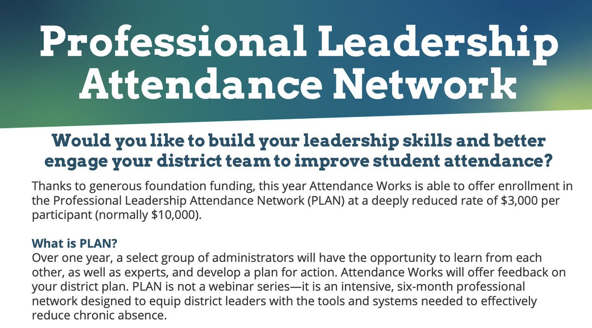 attendanceworks's tweet image. 📊 Professional Leadership Attendance Network (PLAN) is back—and it’s more accessible than ever! Enrollment is now offered at a greatly reduced rate.
 Learn how this network helps districts reduce chronic absence:
 🔗 attendanceworks.org/wp-content/upl…