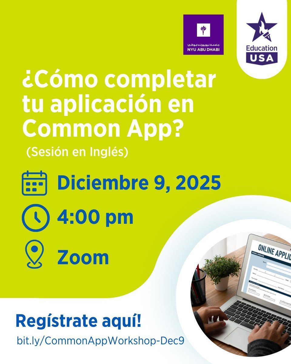 EducationUSA_GT's tweet image. 📝✨ ¿Listo para aplicar a universidades de EE. UU.? Únete a la sesión en inglés con @nyuabudhabi para aprender los mejores consejos y prepara tu aplicación con éxito!
📲bit.ly/CommonAppWorks…

#NYUAbuDhabi  #EdUSAGT #StudyWithUS #EstudianteInternacional