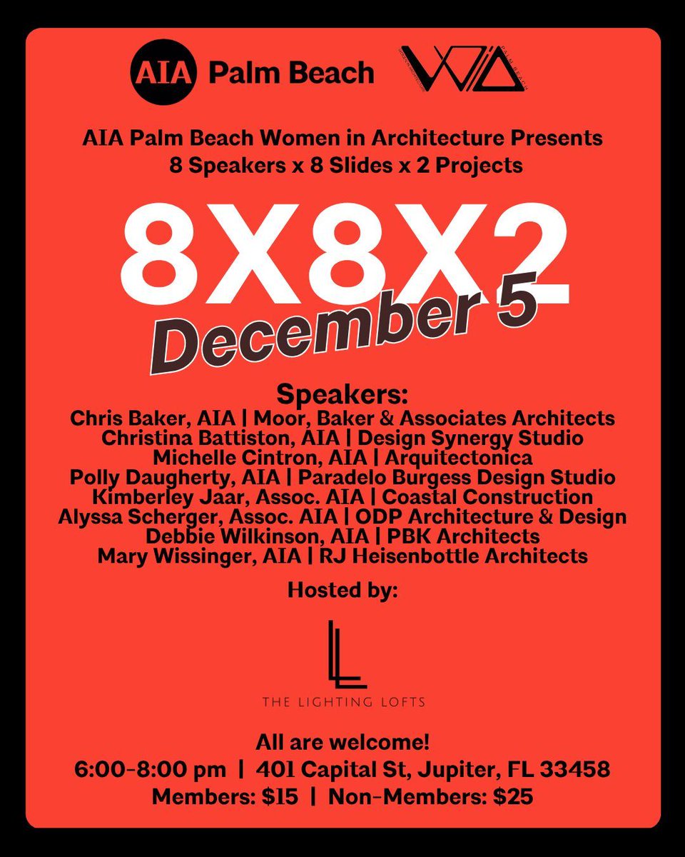 AIAPalmBeach1's tweet image. Join the AIA Palm Beach Women in Architecture committee for an 8x8x2, Dec. 5, from 6-8 p.m. Eastern at The Lighting Lofts in Jupiter.  End the year with inspiration- register to join us here buff.ly/Zf1xqA7