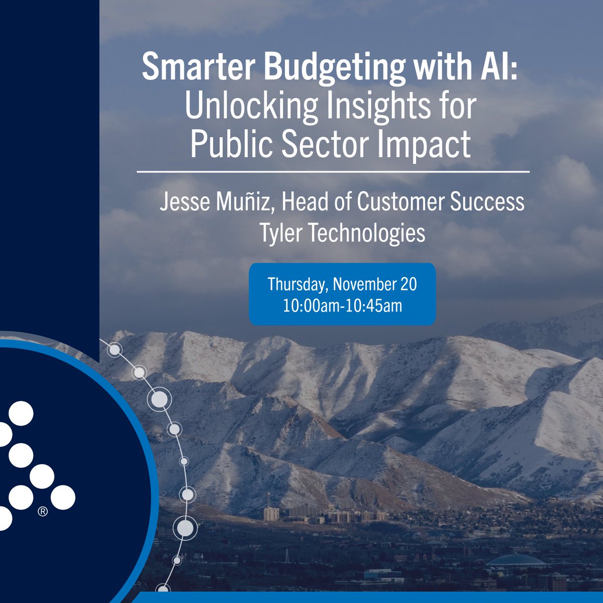 tylertech's tweet image. Tyler Technologies will be at the @leagueofcities #CitySummit25 in Salt Lake City. 

Visit booth #426 to learn about our solutions for local governments and attend the session “Smarter Budgeting with AI: Unlocking Insights for Public Sector Impact,” featuring Jesse Muniz.