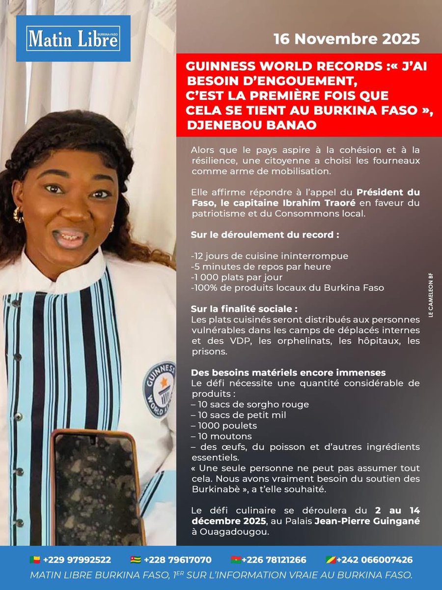 12 Jours, 12 000 Plats : le défi culinaire qui pourrait faire briller le #BurkinaFaso. Depuis son domicile à #Ouagadougou, Djenebou Banao nous confie les motivations profondes de son initiative.Quand la cuisine devient arme de paix. En savoir plus sur le marathon #guinness #Lwili