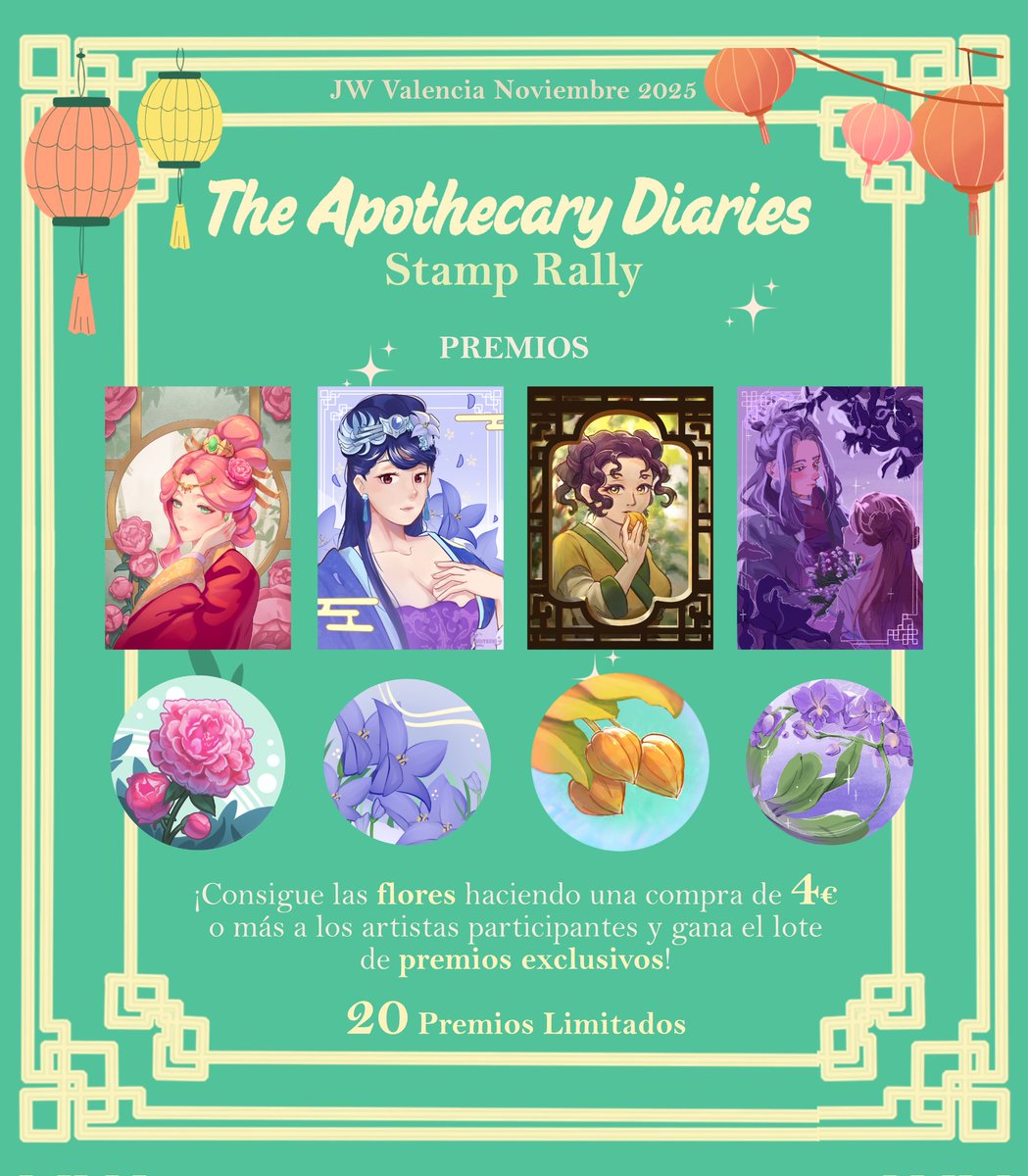 xueju05's tweet image. 🍀🪷The Apothecary Diaries Stamp Rally🪷🍀
🌼¡En esta JW Valencia consigue las flores haciendo una compra de 4€ o más a los artistas participantes y gana el lote de premios exclusivos!🌼
#JWArte #TheApothecaryDiaries