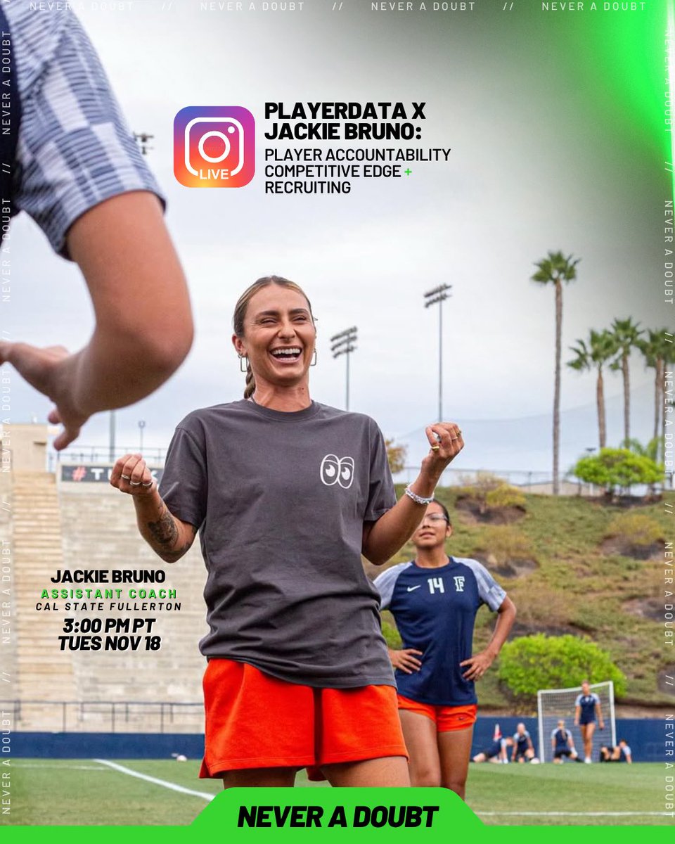 PlayerData's tweet image. .@FullertonWSOC assistant coach Jackie Bruno is hopping on our Instagram Live this afternoon at 3:00 PM PT to discuss player accountability, competitive edge, and recruiting. Tap in!! 

🔗  instagram.com/p/DRNPgoSjshW/… #NeverADoubt