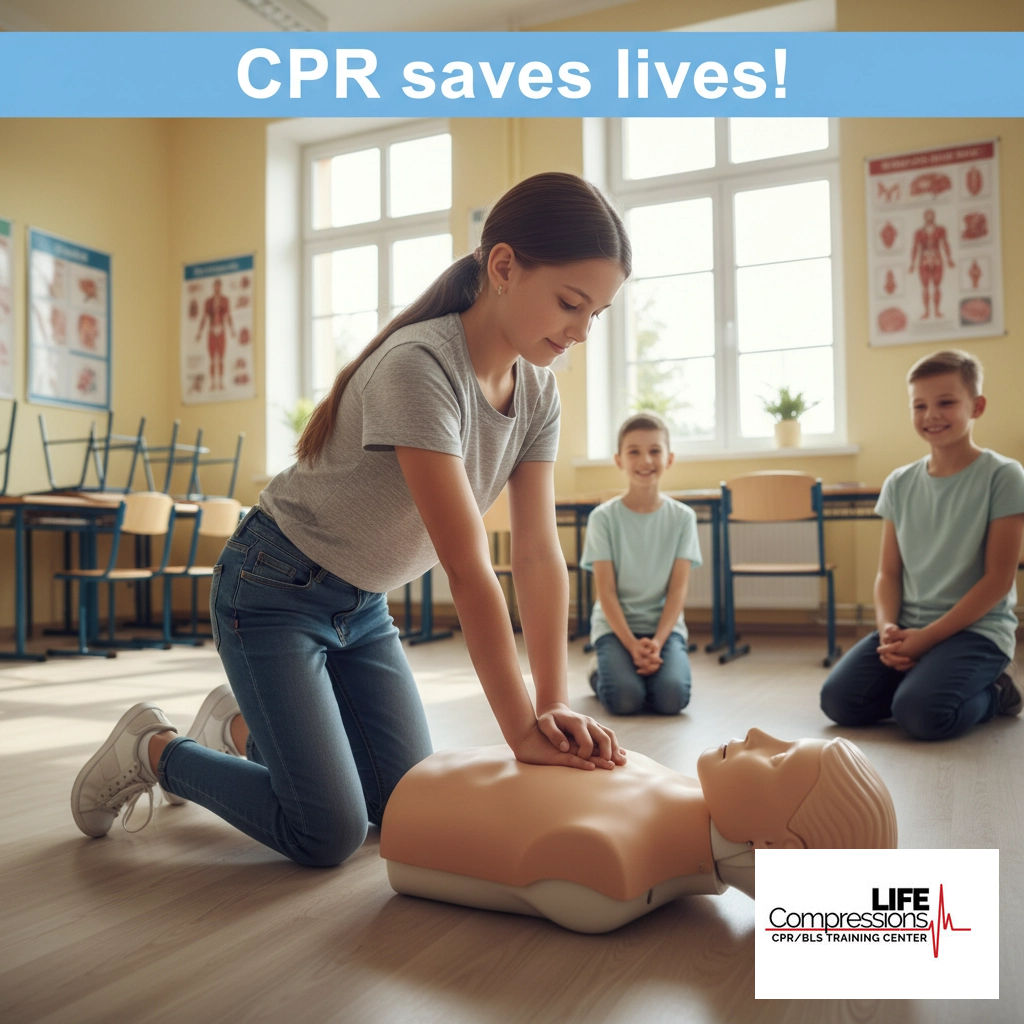 LifeCompression's tweet image. CPR isn’t just for adults: kids 12+ can be lifesavers too! The 5-Minute Rule teaches fast, effective skills that make a real difference. Start young, save lives. Ready to empower your kids? #CPRforYouth #SaveLives #LifeSkills #BeTheDifference
