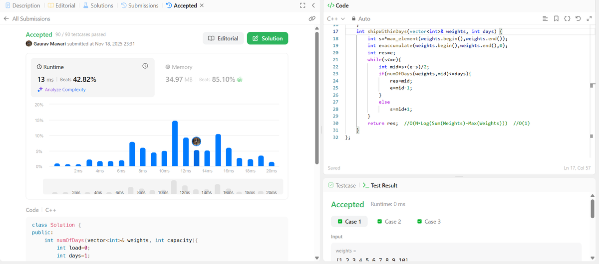gauravmawari18's tweet image. 🌟 Day 228/∞ 🚀
Solved Capacity To Ship Packages Within D Days 📦⛴️
💡 Applied Binary Search on answer space — guessed capacity &amp;amp; validated using greedy loading.
Time Complexity: O(n log sum) | Space: O(1) 💪

#LeetCode #DSA #BinarySearch #Greedy #CodeEveryday #KeepCoding