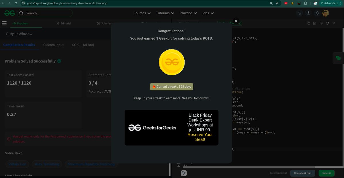 whyamihim's tweet image. Day - 358 
Problem : Number of ways to arrive at a destination
#gfg #geekstreak2025 #1000daysofcode