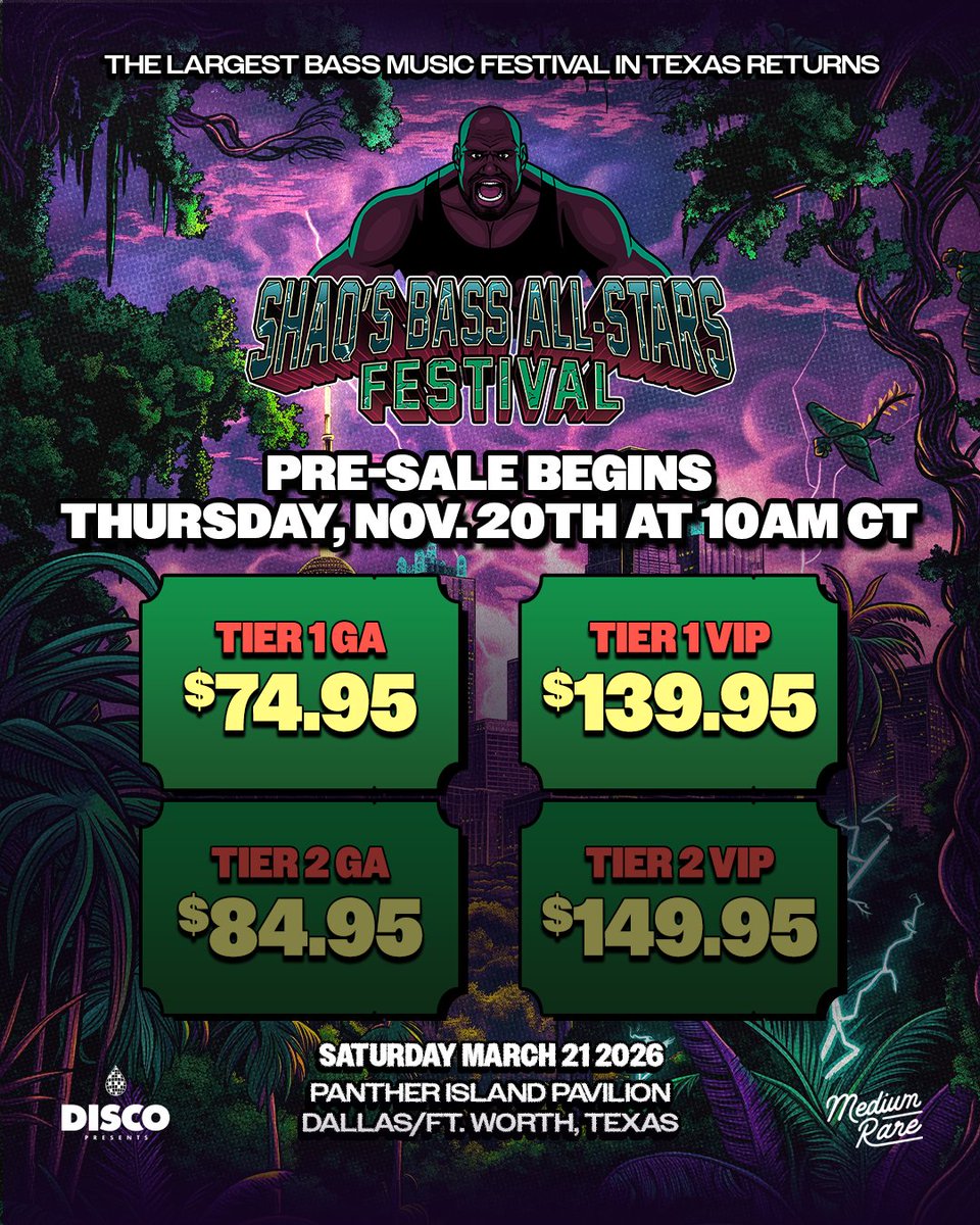 shaqbassallstar's tweet photo. Texas, let’s run it back! Limited Tier 1 tickets hit this Thursday, November 20th at 10am CT. ☄️

Tickets start at $74.95, register for presale now &amp; be entered for a chance to win backstage passes → https://t.co/PSTxJMzeVh ⚡️ https://t.co/uuMOYHt7VK