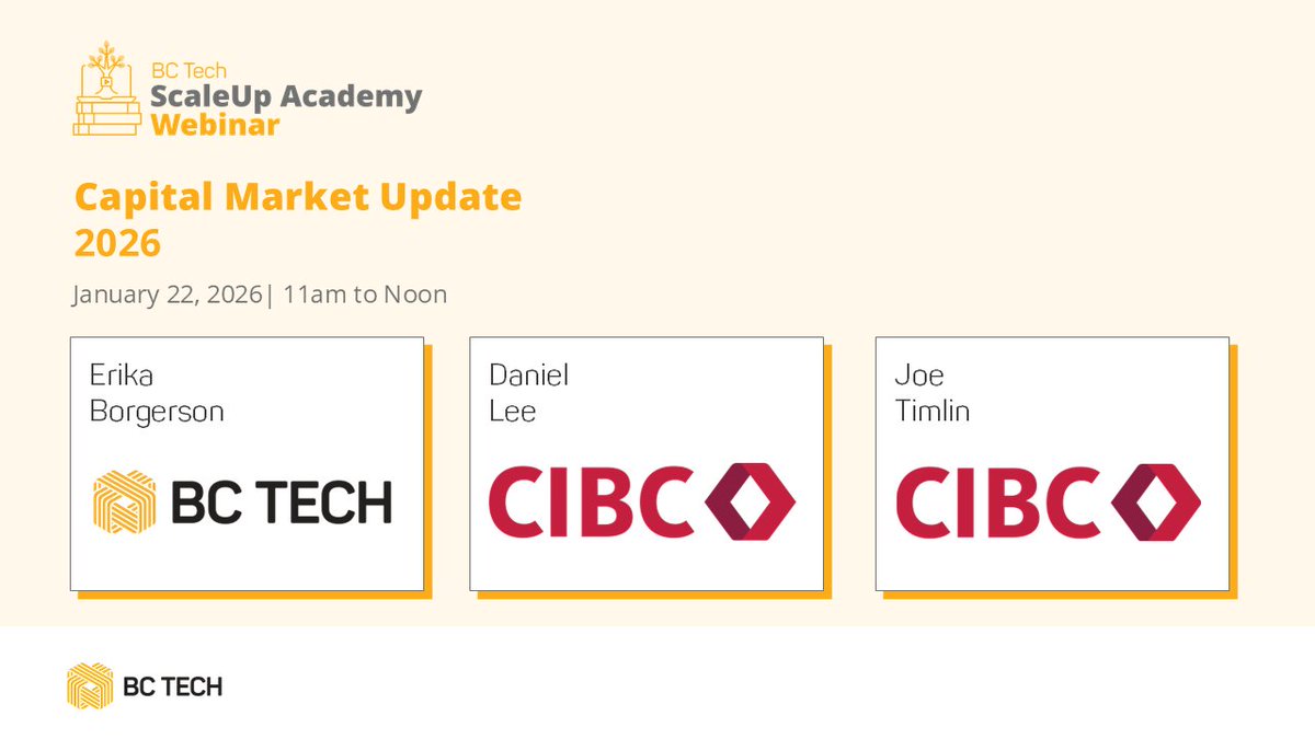 wearebctech's tweet image. Join us Jan 22 to hear from #DanielLee &amp;amp; #JoeTimlin (@cibc) on how BC tech can navigate new funding realities.

Register: eventbrite.ca/e/157144526809…

Thank you to our partners @BoastCapital and @Smythe_LLP