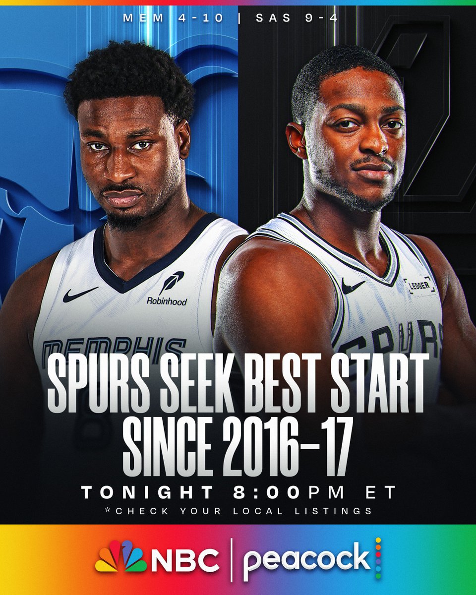 San Antonio seeks best start since 2016-17 🔥
De'Aaron Fox (two straight 20+ PT double-doubles) and the Spurs aim for their 10th win of the season as they host Jaren Jackson Jr. (26 PTS last outing) and the Grizzlies!
⏰ Action tips off at 8:00pm/et on NBC and Peacock