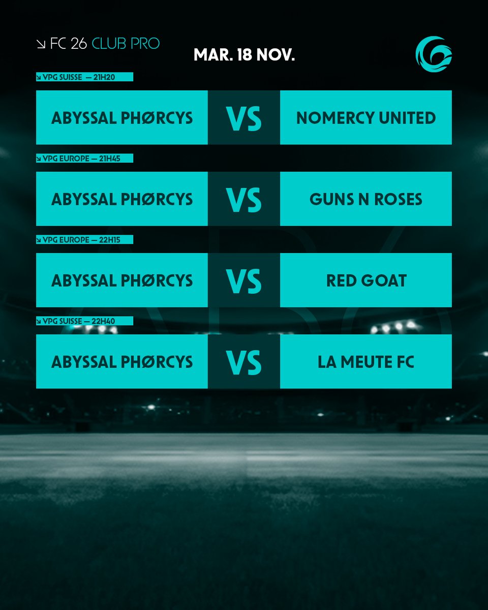 🌊 Nos Phørcysiens vont frapper fort ce soir ⚔️

🕐 Programme :
🇨🇭 21h20 → <a href="/NomercyUnitd/">NoMercy United</a>
🇪🇺 21h45 → Guns N Roses
🇪🇺 22h15 → Red Goat
🇨🇭 22h40 → <a href="/LAMEUTEFC/">LA MEUTE FC</a>

🔥 Dans les abysses, il n’y a ni pitié, ni échappatoire.

En direct se soir dès 21h sur Tiktok 
f.mtr.cool/tfbihphvdp