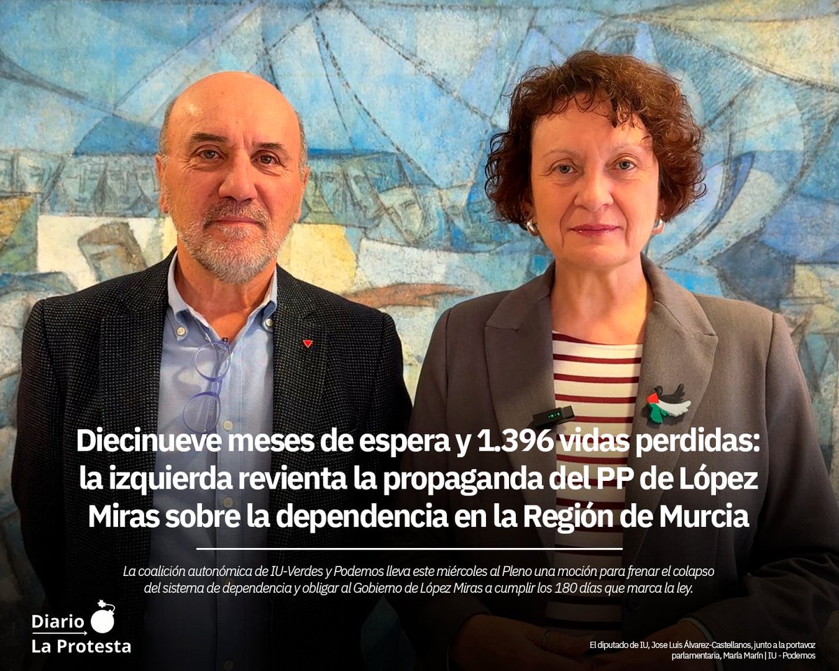 🚨 Diecinueve meses de espera y 1.396 vidas perdidas: la izquierda revienta la propaganda del PP de López Miras sobre la dependencia en la Región de Murcia

<a href="/IUVRM/">IUVRM🔻🇵🇸</a> y <a href="/podemosmurcia/">Podemos Región de Murcia</a> llevan este miércoles al Pleno una moción para frenar el colapso del sistema de dependencia.