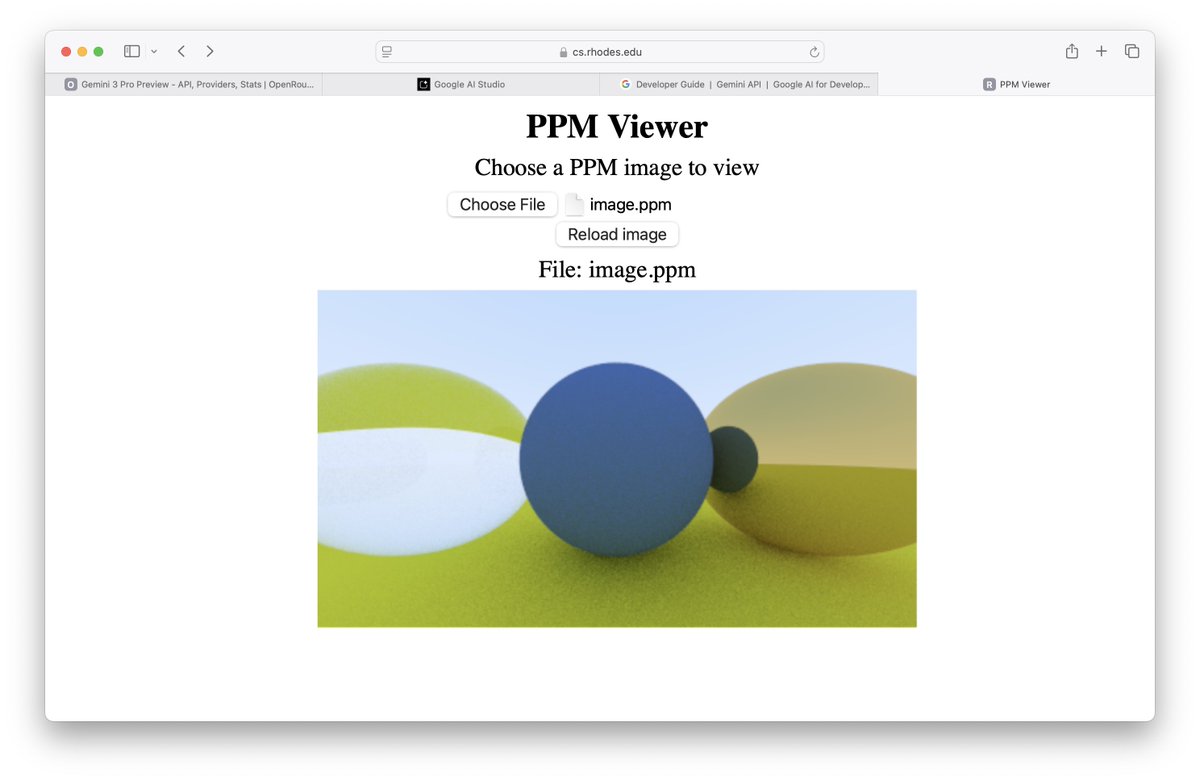 jo_codes's tweet image. Asked Gemini 3 Pro what it could do.

It suggested a 3D ray tracer from scratch in C++ no graphic libraries

It then wrote some code which spits out ppm values that I redirected to a file

Which then rendered this