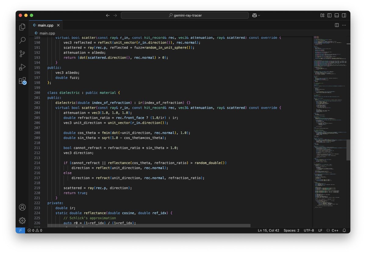 jo_codes's tweet image. Asked Gemini 3 Pro what it could do.

It suggested a 3D ray tracer from scratch in C++ no graphic libraries

It then wrote some code which spits out ppm values that I redirected to a file

Which then rendered this