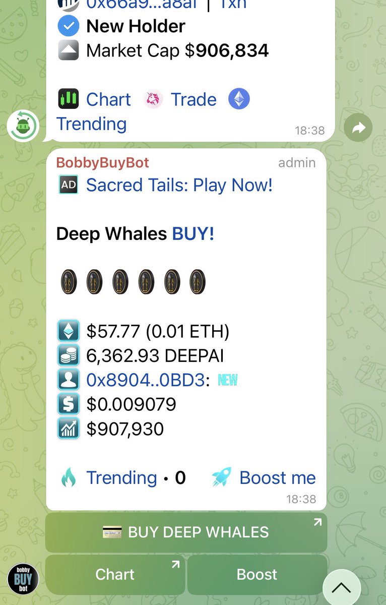 Andy_Mr_Twit's tweet image. Has everyone forgotten that @DeepBot_ acquired @BobbyBuyBot last week and all the thousands of groups and millions of people in the TG groups will be able to link direct to our BOT from each and every buy ⁉️

This brings volume to the BOT which in turns brings REV SHARE. 💰 

Get…