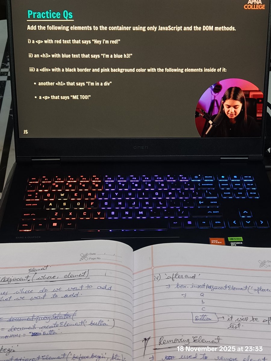 growing_phool's tweet image. #Day 45 of #90dayscodingchallenge 
- today in JavaScript finished Navigation and its 3 properties; adding elements using append, prepend, insert adjacent; and removing of elements.
- push-ups, squats and dips done.
Signing off 
#WinterArc #javascriptlearning #buildinginpublic