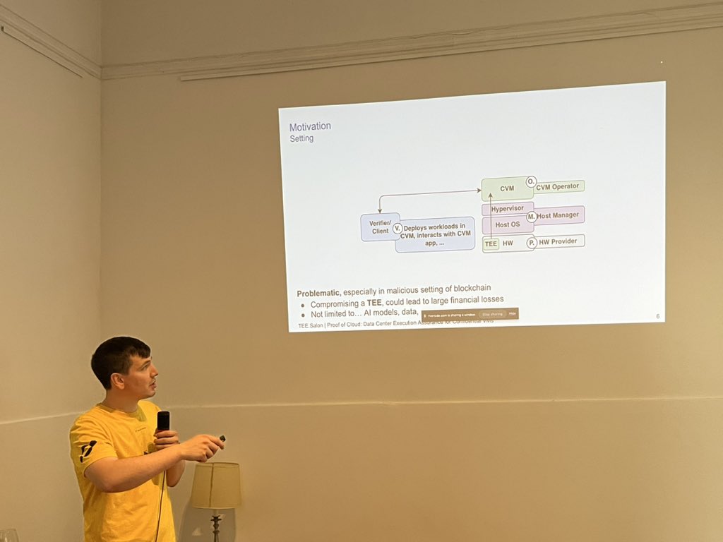 SpaceComputerIO's tweet image. Happening now at the TEE Salon! 

@rezabfil is speaking about his research with @Socrates and the Flashbots team on Proof of Cloud. 

Come join us 👉 luma.com/teesalonbuenos…