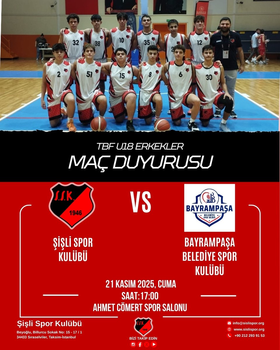 sislisporkulubu's tweet image. 🏀 MAÇ DUYURUSU 🏀
U18 Erkekler Ligi&apos;nde parkede büyük mücadele başlıyor! 🔥
Şişli Spor Kulübü U18 Erkek Basket takımımız, bu hafta Bayrampaşa Belediye Spor Kulübü ile karşılaşıyor! 💥

📅 Tarih: 21 Kasım 2025, Cuma
🕗 Saat: 17:00
📍 Yer: Ahmet Cömert Spor Salonu
#ŞişliSporKulübü