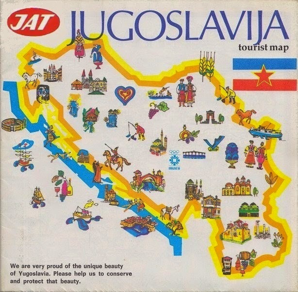 Yugoslav Airlines tourist map of Yugoslavia, 1985.