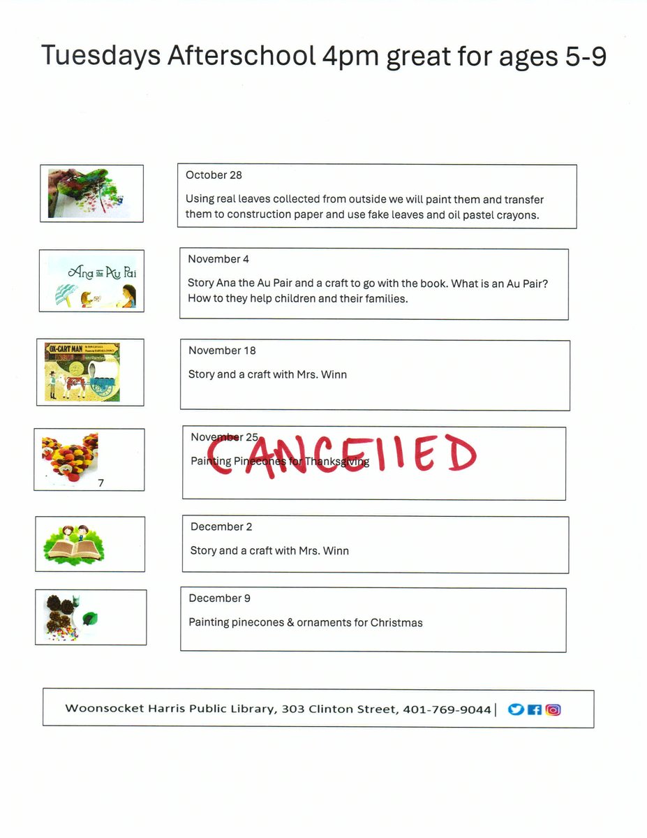 WoonsocketLib's tweet image. Today at 4pm story and a craft. Next weeks program is cancelled. Happy Thanksgiving to all.
