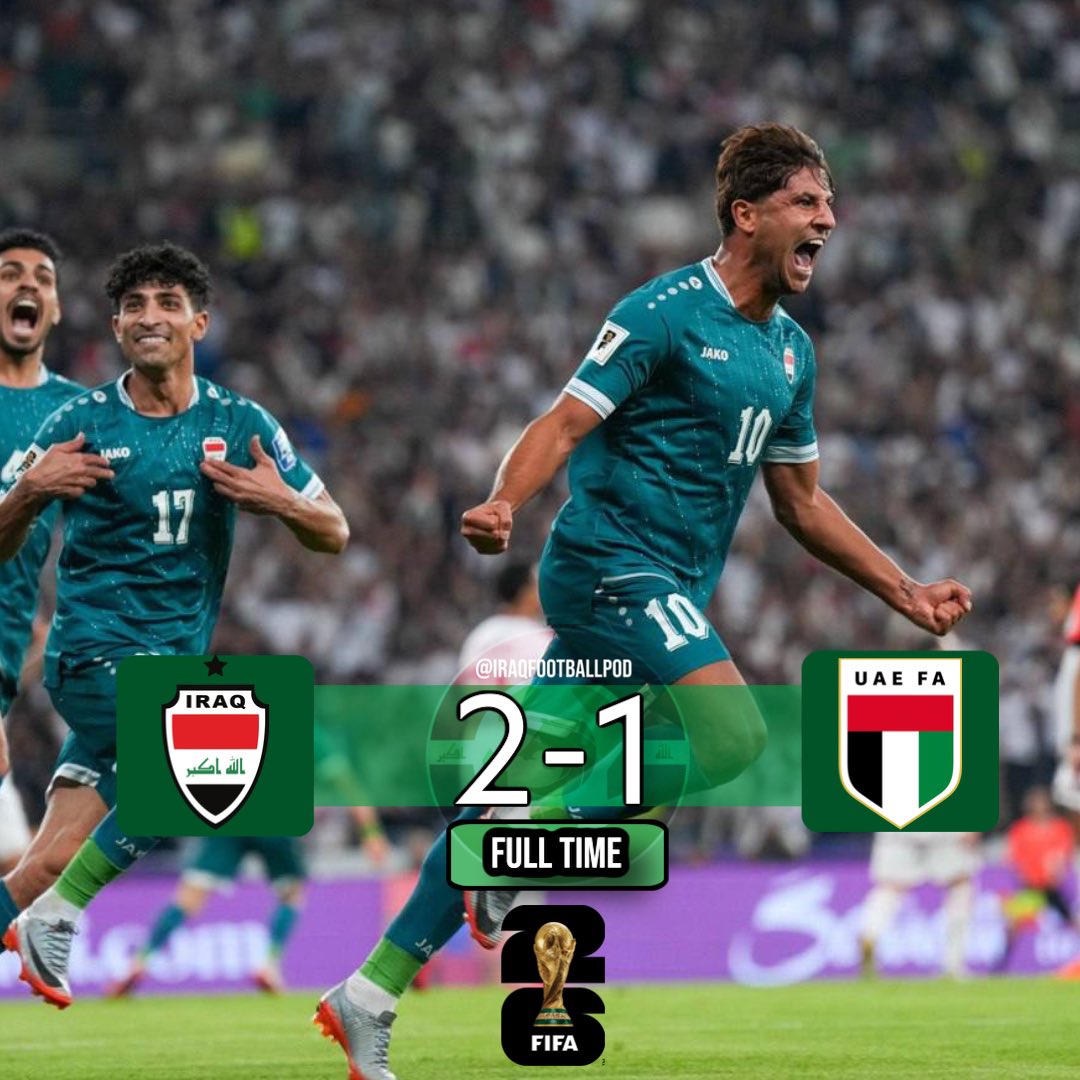 IraqFootballPod's tweet image. Full Time: Iraq 2-1 UAE!!! 

Iraq turn the game around in Basra and secure a late win to keep the World Cup dreams alive!

I am speechless!! 

Well done, boys. I’m proud of all the players but especially the fans who stuck by the team! 

This makes it all worth it! I love…