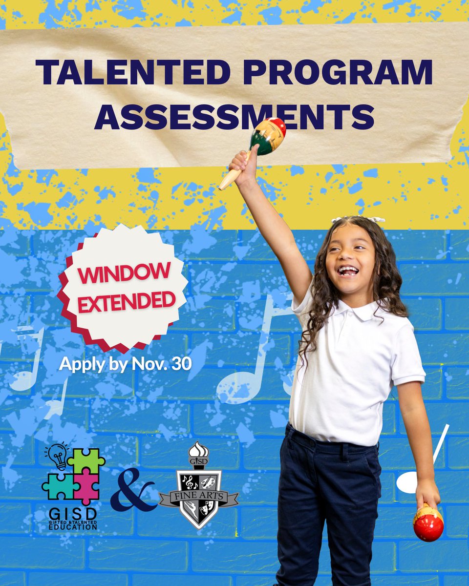 Great news! The Gifted and Talented application window has been extended. Submit your applications by November 30.

🖌️ Art applicants will complete a portfolio and an on-site assessment.
🎶 Music applicants will complete two performances and an on-site assessment.

For more