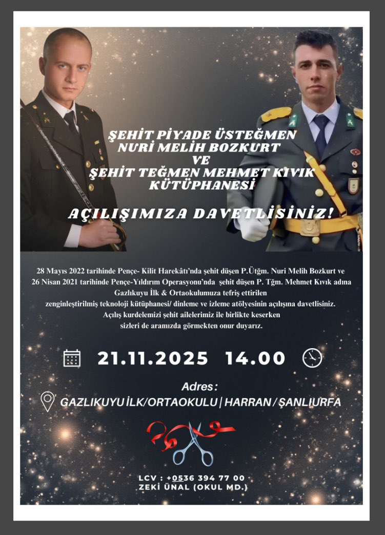 İki güzel adam, iki yiğit Türk subayı.
Ebediyen hatırlanmaları için silah arkadaşları olarak ölümsüz bir eser inşa ettirdik. 

Şehit Ütğm.Nuri Melih Bozkurt &amp; Şehit Tğm.Mehmet Kıvık Zenginleştirilmiş Kütüphanesi/ Dinleme ve Okuma Atölyesinin Harran Gazlıkuyu İlk/ Ortaokulundaki