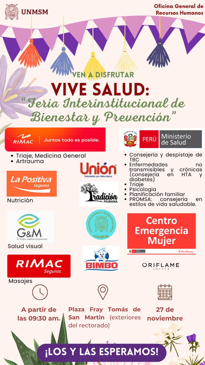 BioUNMSM's tweet image. 📢🧑‍⚕️Feria VIVE SALUD: &quot;Feria Interinstitucional de Bienestar y Prevención&quot;.
Organizador: Oficina General de Recursos Humanos de la UNMSM.
📆⏰Fecha y Hora: 27 de noviembre, a partir de las 09:30 am.
📌Lugar: Plaza Fray Tomás de San Martín (exteriores del rectorado).