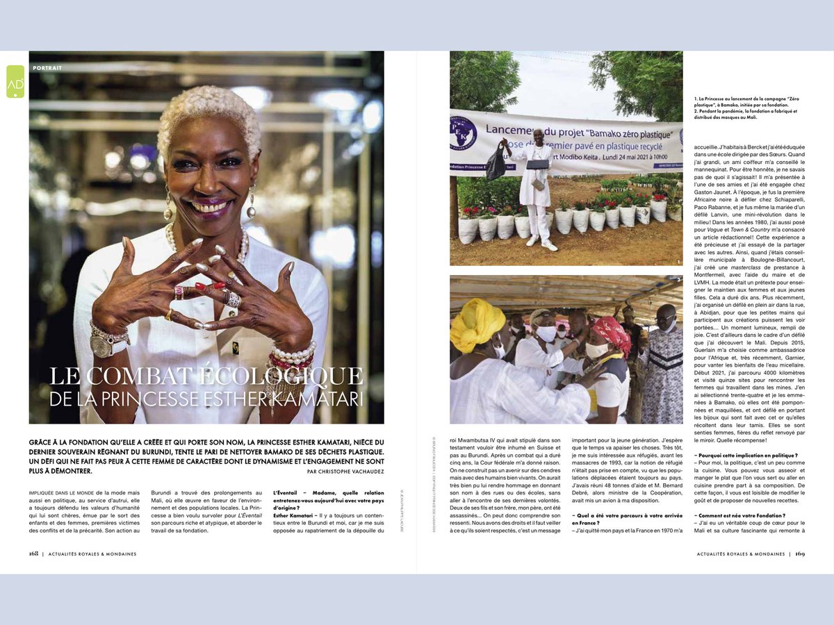 Monarchies2000's tweet image. Ambassadrice itinérante du Burundi, la princesse Esther Kamatari a répondu aux questions du magazine L&apos;Eventail et est revenue sur son parcours  de mannequin, son combat en faveur de l&apos;environnement.  #Burundi #monarchy #monarchie 👑🇧🇮