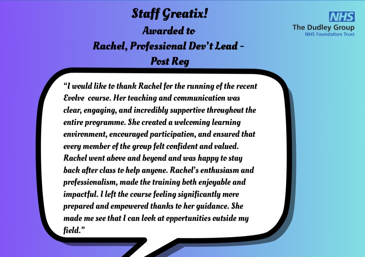 DGProfDev's tweet image. 🎉HUGE congrats to our very own Rachel for receiving a Greatix from a colleague for providing a fab learning opportunity &amp;amp; going the extra mile to support staff dev’t

Absolutely brilliant!

Well done Rachel-we’re v proud of u! 🌟

@DudleyGroupNHS @Dudley_SWBCEO @DavidNichols0n