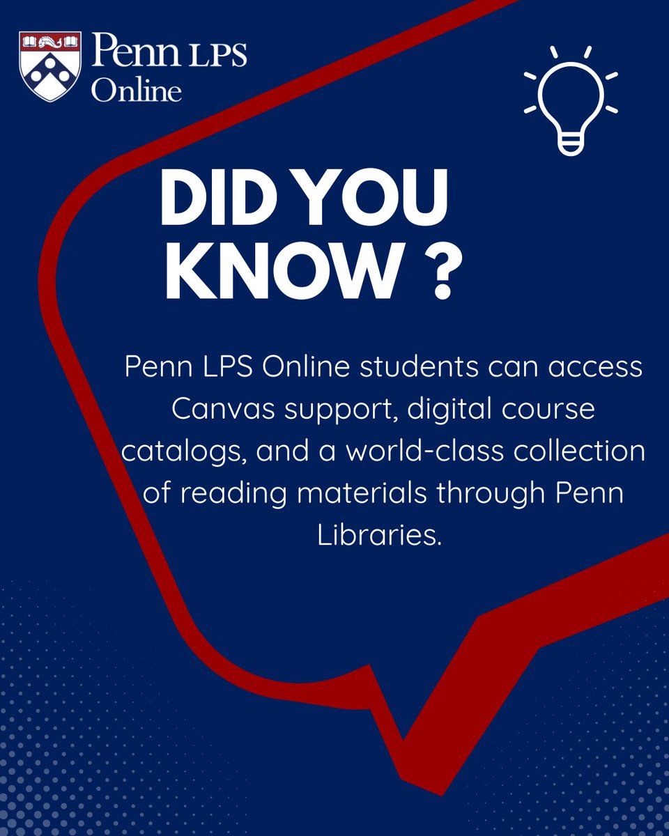 Penn LPS Online students have access to Canvas support, digital course catalogs, and a world-class collection of reading materials through Penn Libraries. Learn more about #resources available to students here: bit.ly/46Hi2Qh

#PennLPSOnline #lifelonglearning