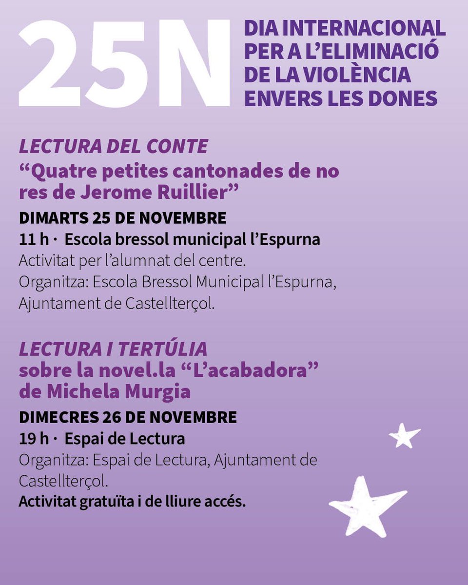 #Castellterçol commemora el 25N amb activitats per la igualtat
📅 Del 22 al 26 de novembre, la vila se suma al Dia Internacional per a l’Eliminació de la Violència envers les Dones amb un programa ple d’actes per sensibilitzar i reafirmar el compromís amb la igualtat de gènere