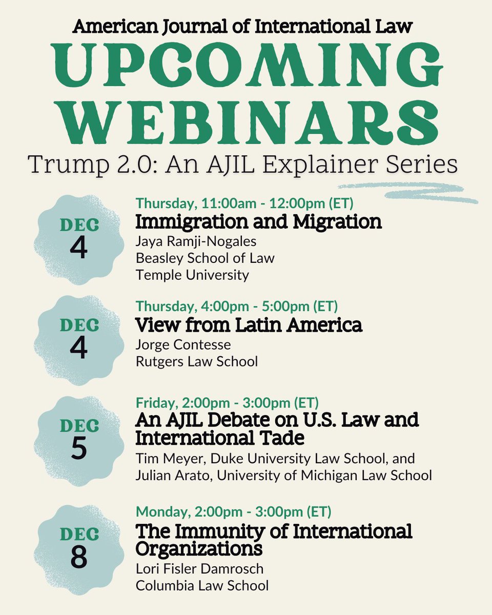 Registration is now open for our December webinars with AJIL Board members and the AJIL EICs. 
Register and read their CPUS stories as featured in the October special issue here: cambridge.org/core/journals/…