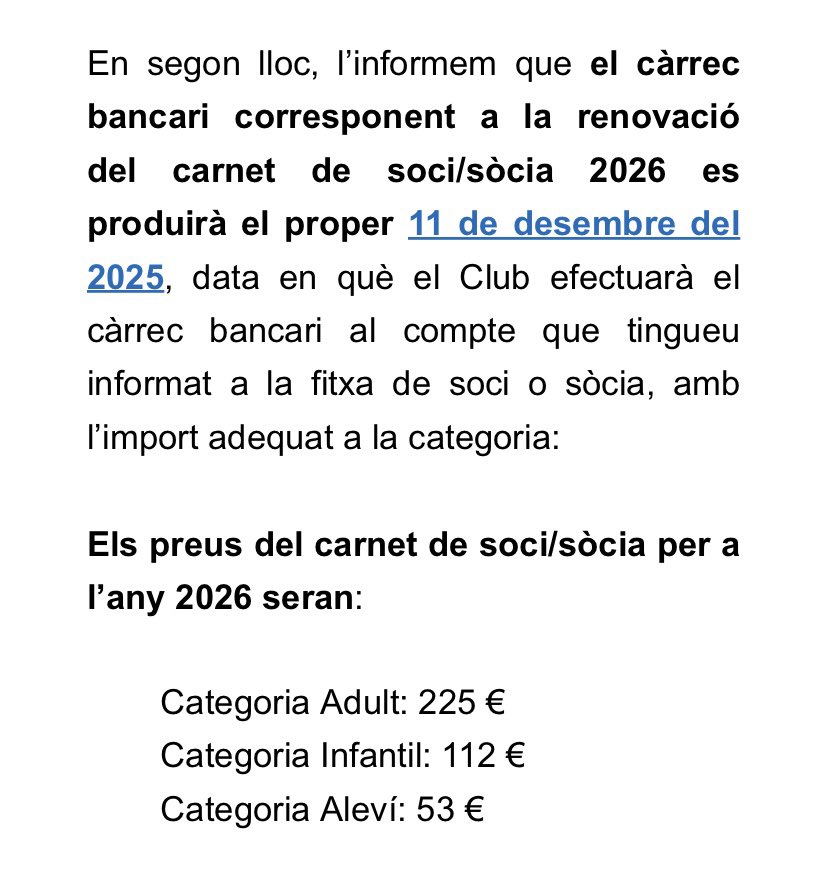 Mirad, ya me han pasado el aviso de cobro del carnet de socio 2026. Sí, 225 ñapos por nada a cambio, más allá de q nos maltraten, nos dejen en segundo plano y prioricen todo lo q sea dinero fácil y de fuera a nosotros. 225! El carnet ya no vale para nada. Es una puta vergüenza!