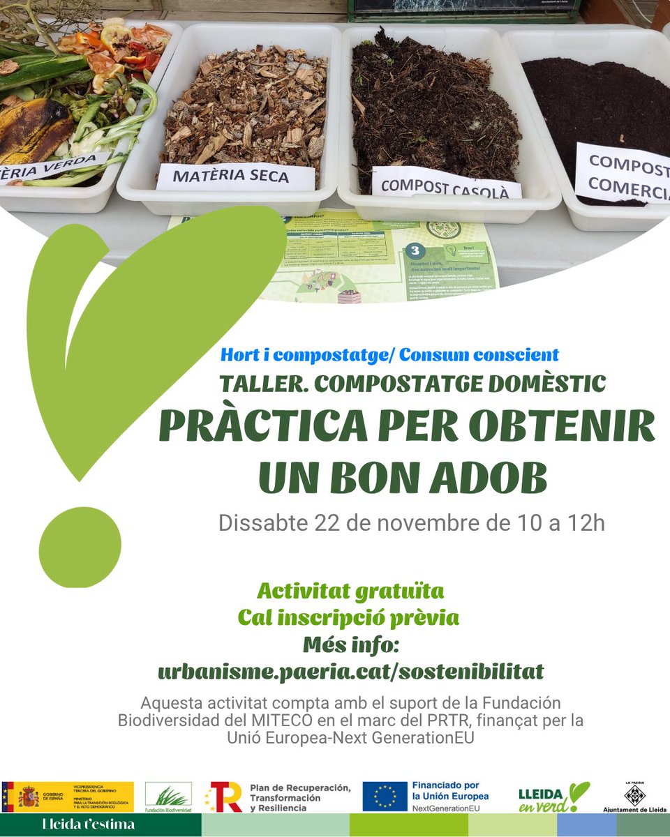 lleidaenverd's tweet image. 😊Participa en aquest taller totalment pràctic i coneix la gestió d&apos;un compostador🥕
🤔També resoldrem dubtes que tingueu
Ah❗ Podeu portar el vostre compost!

ℹ️Inscripcions tuit.cat/B7G4j

#mesbiodiversitat #ProyectosPRTR #NextGenerationEU #compostatgelleida