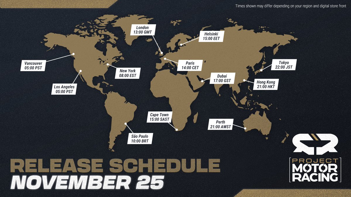 Drivers, make your way to the grid!

Here's when you can expect #ProjectMotorRacing to release in your region. Are you ready?

Lights go green 25 November #BRINGEARPLUGS