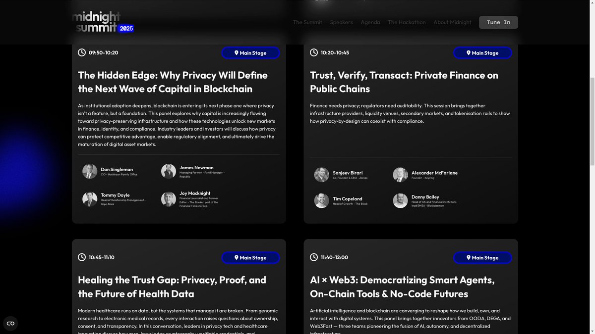 TrueCryptoPower's tweet image. ♨️ Check out the Midnight Summit @MidnightNtwrk topics below.
The narrative of the need to build trust through verification is gaining strength.
#Truebit launched at the best moment 🚀
@JasonTeutsch 🫡 I think you should clone yourself and be at this event too.
