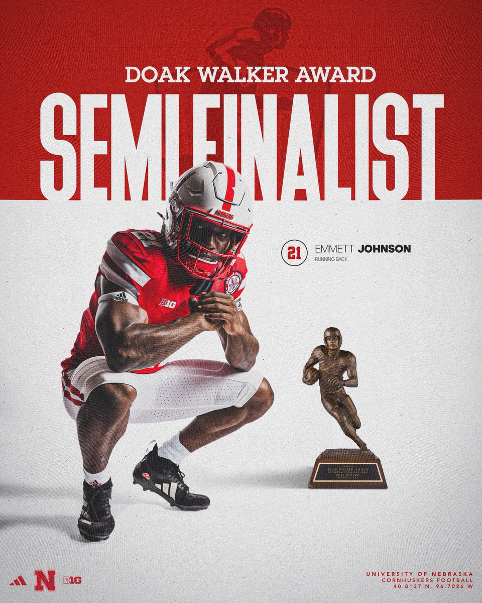 HuskerFootball's tweet image. Add it to the list ✍️ 

@Emmett21Johnson has been named a semifinalist for the Doak Walker Award.