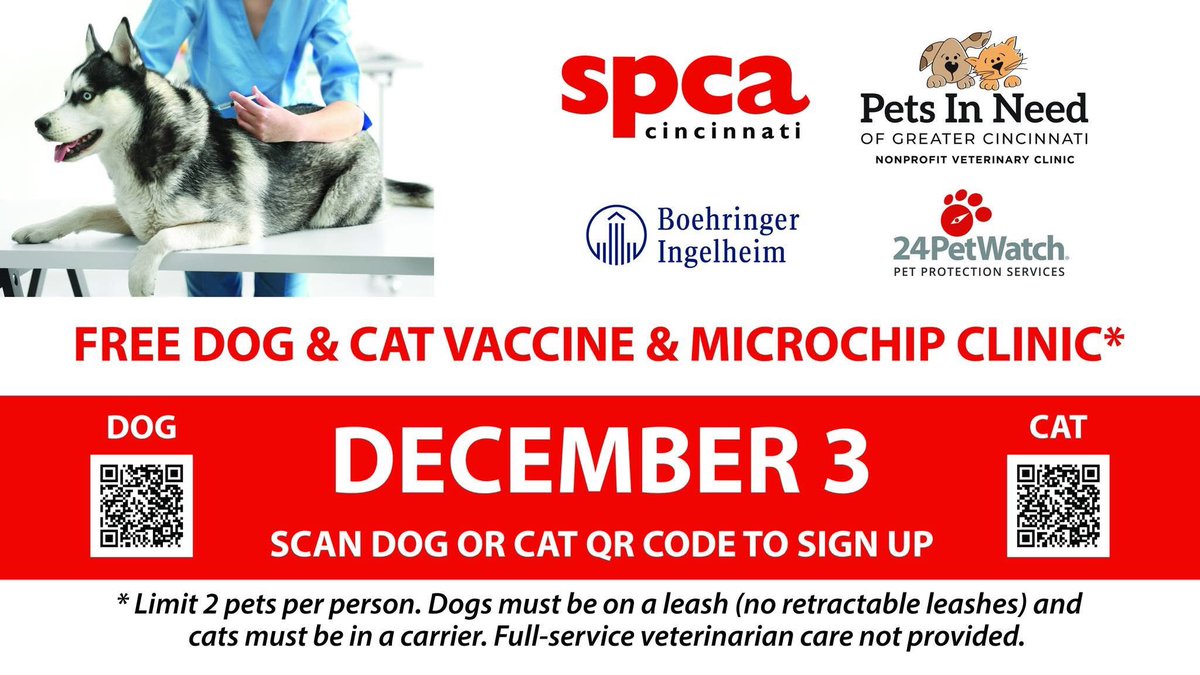 SPCACincinnati's tweet image. This is good. We are hosting a FREE dog &amp;amp; cat vaccine + microchip clinic on Wednesday, December 3rd. This is alongside our friends and community partners Pets In Need of Greater Cincinnati, Boehringer Ingelheim, and 24Pet! #SignUp #CincinnatiHumane