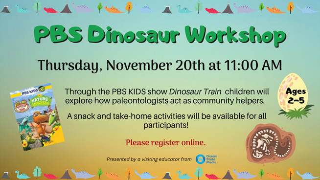 LinPubLibRI's tweet image. We still have space available for the PBS Dinosaur Train #workshop happening this Thurs. Register online at lincolnlibrary.libcal.com/event/15409897